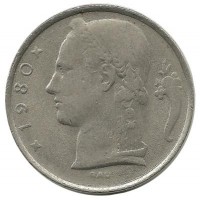 Монета 5 франков. 1980 год, Бельгия.  (Belgie).