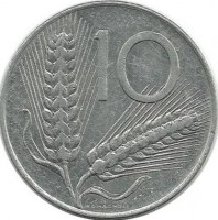 Монета 10 лир.  1981 год, Италия.