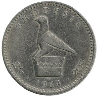 Монета 20 центов. 1964 год, (2 шиллинга.) . Хунгве-священная каменная птица.  Родезия.