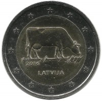 Корова. Сельское хозяйство Латвии. Монета 2 евро. 2016 год, Латвия. UNC.