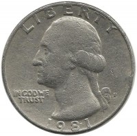 Вашингтон. Монета 25 центов. 1981 год, (Р). Филадельфия, США.