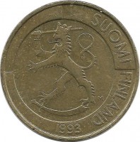 Монета 1 марка. 1993 год, Финляндия.