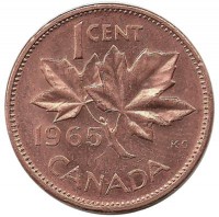 Монета 1 цент, 1965 год, Канада.