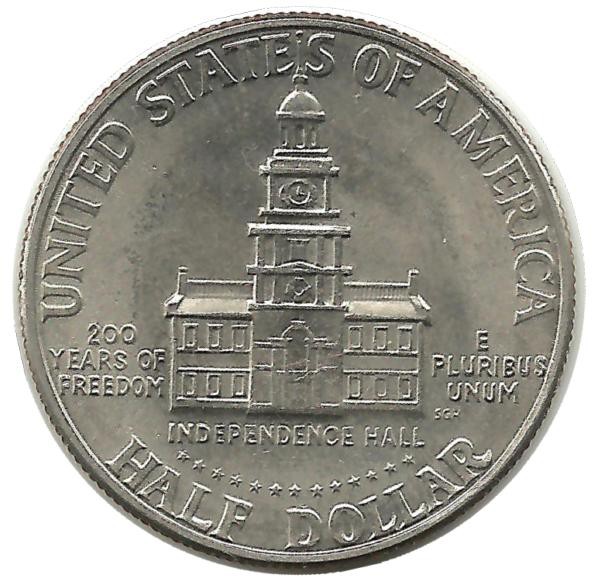 200-летие независимости США. Монета 1/2 доллара. 1976 год,   (D) - Монетный двор Денвер.  Индепенденс-холл.  США.