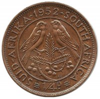 Капские воробьи. Монета 1/4 пенни (фартинг). 1952 год, ЮАР.