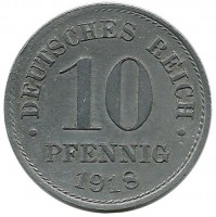 Монета 10 пфеннигов.  1918 год,  Германская империя.