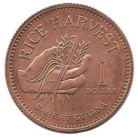 Сбор риса. Монета 1 доллар, 2008 год, Гайана. UNC.