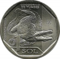 Острорылый крокодил. Фауна Перу. Монета 1 соль. 2017 год, Перу.UNC.