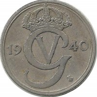 Монета 25 эре. 1940 год, Швеция. (G).