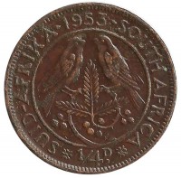 Капские воробьи. Монета 1/4 пенни (фартинг). 1953 год, ЮАР.