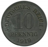 Монета 10 пфеннигов.  1919 год,  Германская империя.