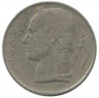 Монета 5 франков. 1949 год, Бельгия.  (Belgie).