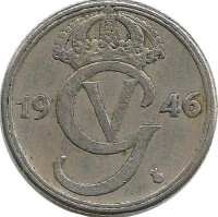 Монета 25 эре. 1946 год, Швеция. (TS).