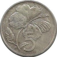 Гибискус. Монета 5 центов 1973 г. Острова Кука. UNC.