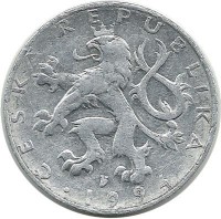 Монета 50 геллеров. 1994 год, Чехия.  