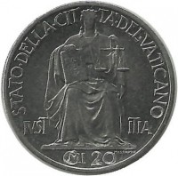 Монета 20 сентезими 1942г. Ватикан (UNC)