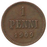 Монета  1 пенни 1909 . Финляндия.