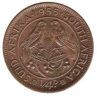 Капские воробьи. Монета 1/4 пенни (фартинг). 1955 год, ЮАР.