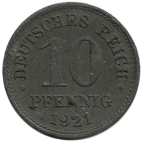 Монета 10 пфеннигов.  1921 год,  Германская империя.