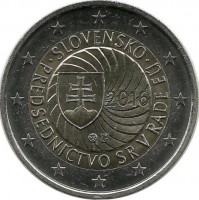 Председательство Словакии в Совете ЕС. Монета 2 евро, 2016 год, Словакия. UNC.