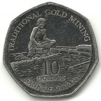 Добыча золота. Монета 10 долларов, 2007 год, Гайана. UNC.