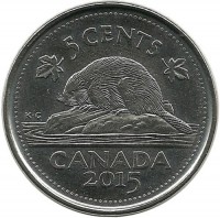 Бобр. Монета 5 центов, 2015 год, Канада. UNC.