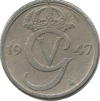 Монета 25 эре. 1947 год, Швеция. (TS).
