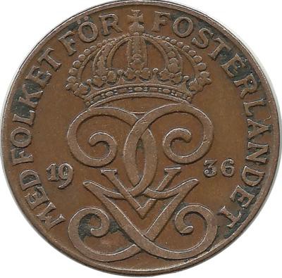 Монета 2 эре.1936 год, Швеция. (короткий хвостик у "6").