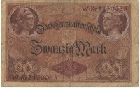 Банкнота 20 марок (Ссудный кассовый знак - Darlehenskassenschein). 1914 год,(Литера: W. Номер семизначный). Германская империя.