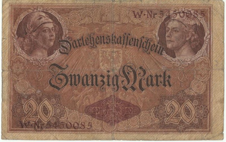 Банкнота 20 марок (Ссудный кассовый знак - Darlehenskassenschein). 1914 год,(Литера: W. Номер семизначный). Германская империя.