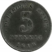 Монета 5 пфеннигов.  1918 год, (А) Германская империя.  (магнетик)