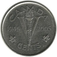 60 лет победы во Второй Мировой войне. Монета 5 центов, 2005 год, Канада. UNC.