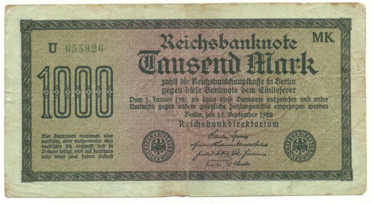 Рейхсбанкнота 1000 марок 1922 год, Германия. 