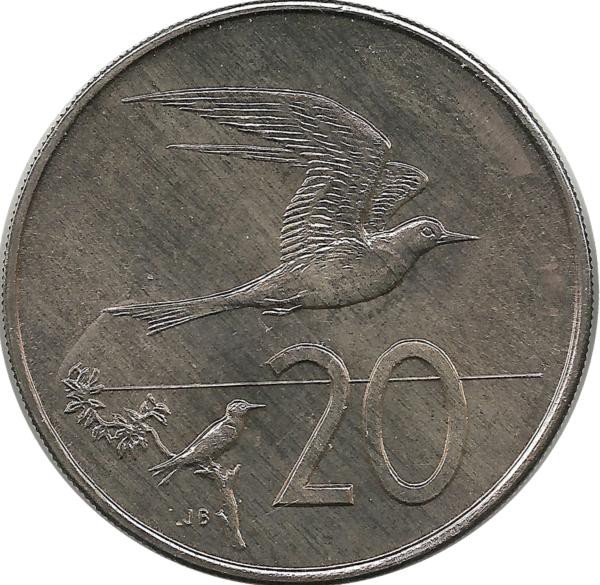 Крачка. Монета 20 центов 1973 г. Острова Кука. UNC.