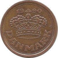 Монета 25 эре. 1990 год, Дания.  