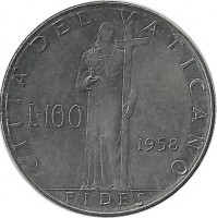 Монета 100 лир 1958г. Ватикан (UNC)