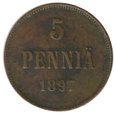 Монета  5 пенни 1897 . Финляндия.