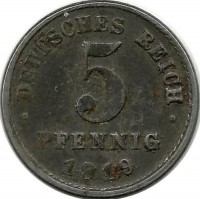 Монета 5 пфеннигов.  1919 год, (J) Германская империя.  (магнетик)