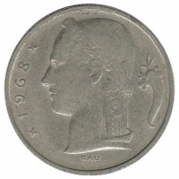 Монета 5 франков. 1968 год, Бельгия.  (Belgique).