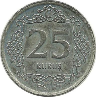 Монета 25 курушей 2010 год, Турция. UNC.