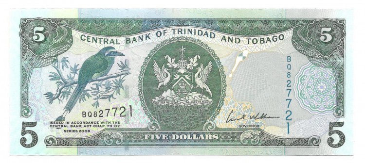 ​Банкнота 5 долларов 2006 год. Без линий. Синешапочный момот. Тринидад и Тобаго. UNC.