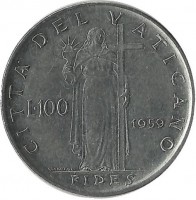 Монета 100 лир 1959г. Ватикан (UNC))