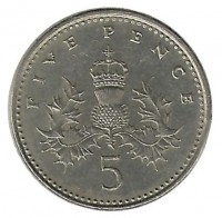Монета 5 пенсов. 1990 год, Великобритания. 