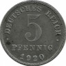 Монета 5 пфеннигов.  1920 год, (J) Германская империя.  (магнетик)