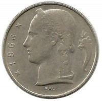 Монета 5 франков. 1966 год, Бельгия.  (Belgique).