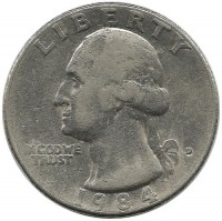 Вашингтон. Монета 25 центов. 1984 год, (D). Денвер, США.