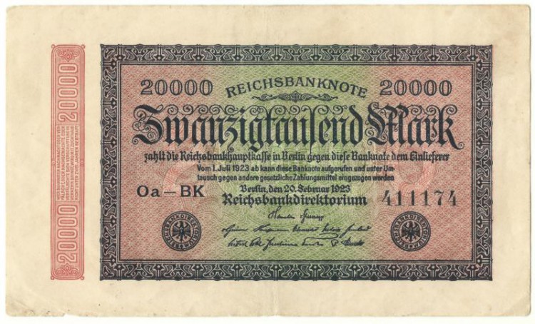 Рейхсбанкнота 20 000 марок 1923 год, Германия. 