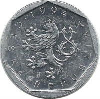 Монета 20 геллеров. 1994 год, Чехия. b с короной.