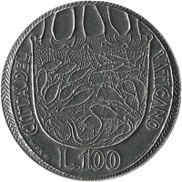 Монета 100 лир 1975г. Ватикан (UNC)