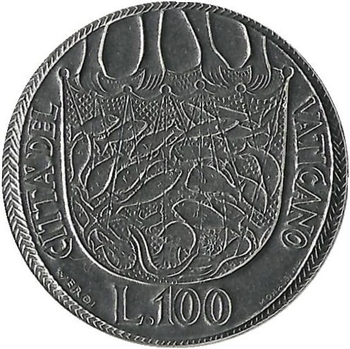 Монета 100 лир 1975г. Ватикан (UNC)